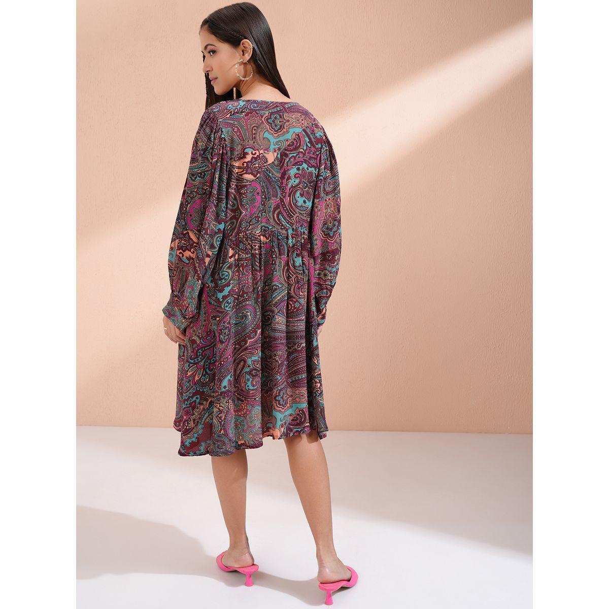 فستان بطول الركبة وطبعة بيزلي مع ياقة بأربطة-women-clothing-ethnicwear-dresses-image-3