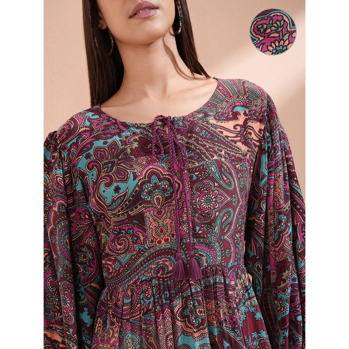 فستان بطول الركبة وطبعة بيزلي مع ياقة بأربطة-women-clothing-ethnicwear-dresses-image-5