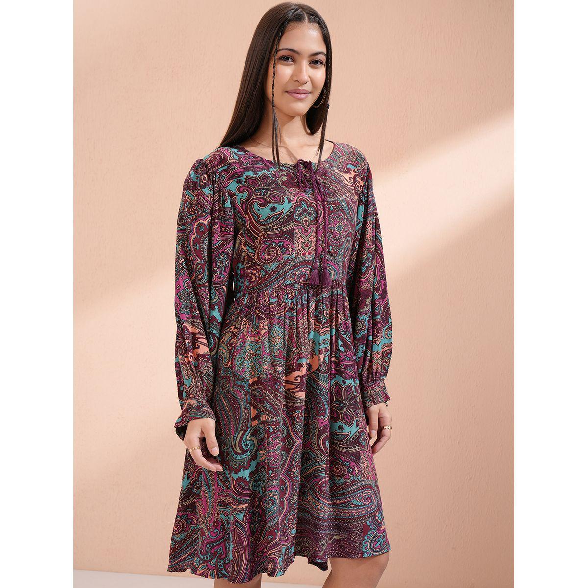 فستان بطول الركبة وطبعة بيزلي مع ياقة بأربطة-women-clothing-ethnicwear-dresses-image-6