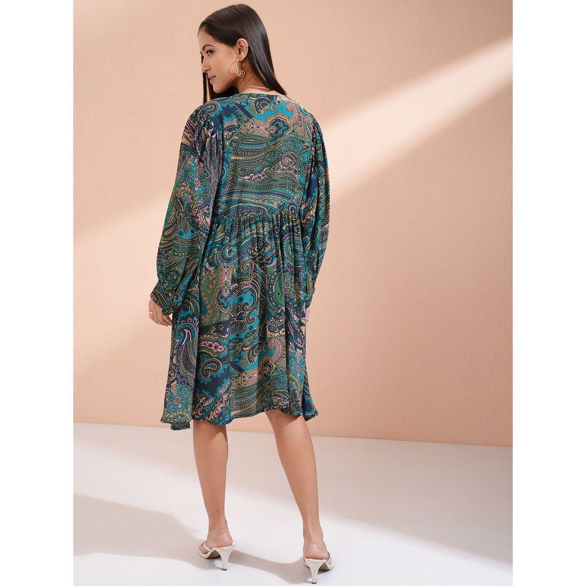 فستان بطول الركبة وطبعة بيزلي مع ياقة بأربطة-women-clothing-ethnicwear-dresses-image-3