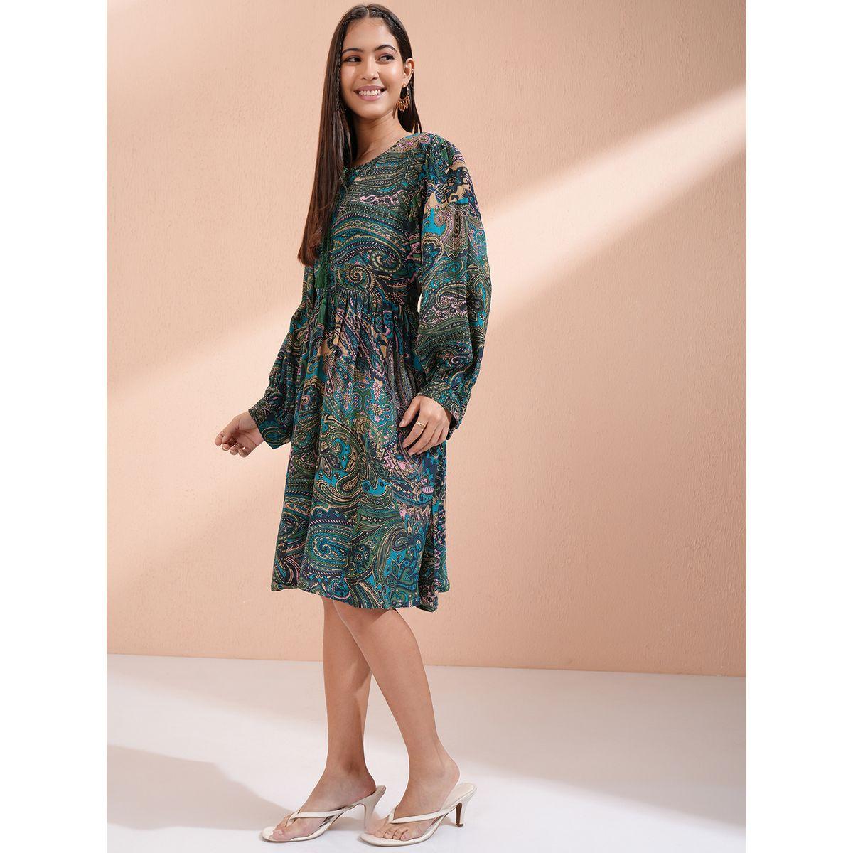 فستان بطول الركبة وطبعة بيزلي مع ياقة بأربطة-women-clothing-ethnicwear-dresses-image-4