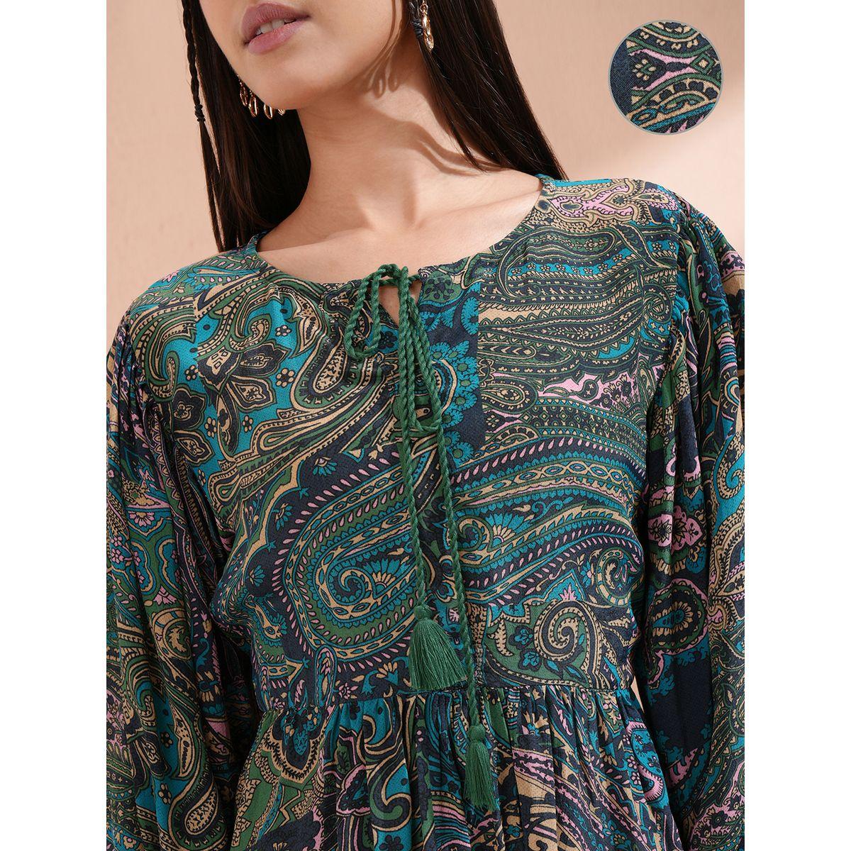فستان بطول الركبة وطبعة بيزلي مع ياقة بأربطة-women-clothing-ethnicwear-dresses-image-5
