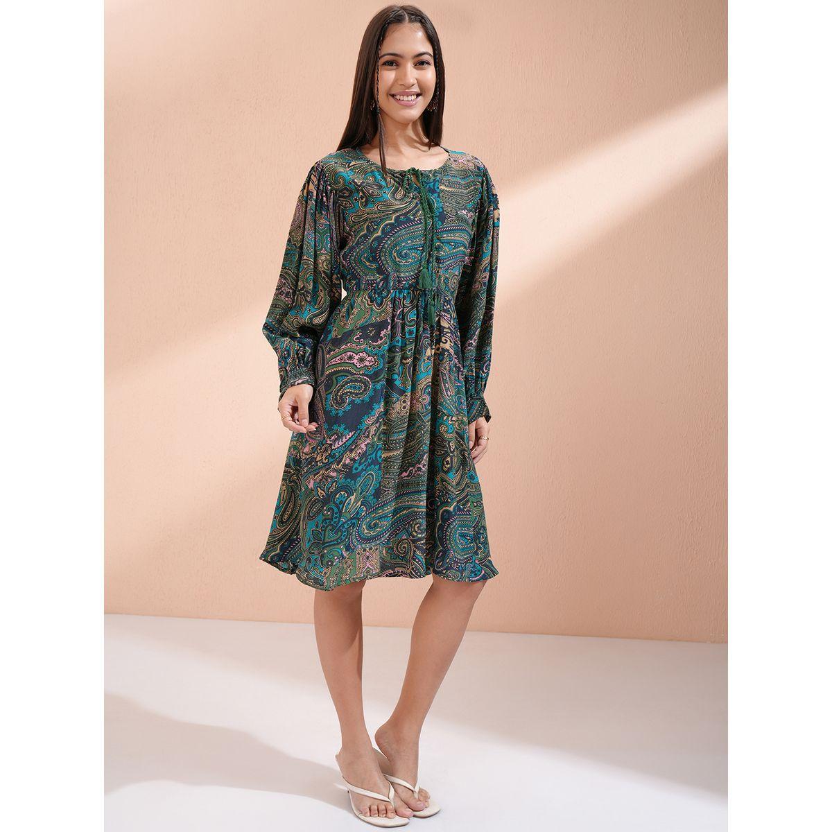 فستان بطول الركبة وطبعة بيزلي مع ياقة بأربطة-women-clothing-ethnicwear-dresses-image-6