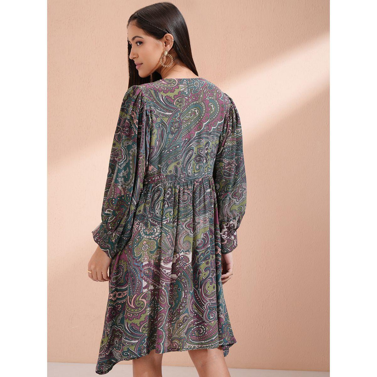 فستان بطول الركبة بحافة واسعة وياقة بأربطة-women-clothing-ethnicwear-dresses-image-3