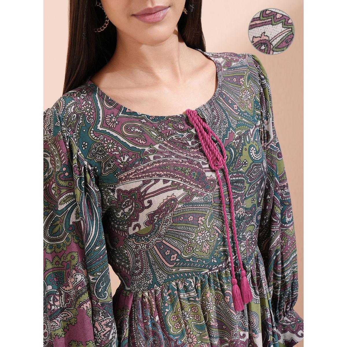 فستان بطول الركبة بحافة واسعة وياقة بأربطة-women-clothing-ethnicwear-dresses-image-5