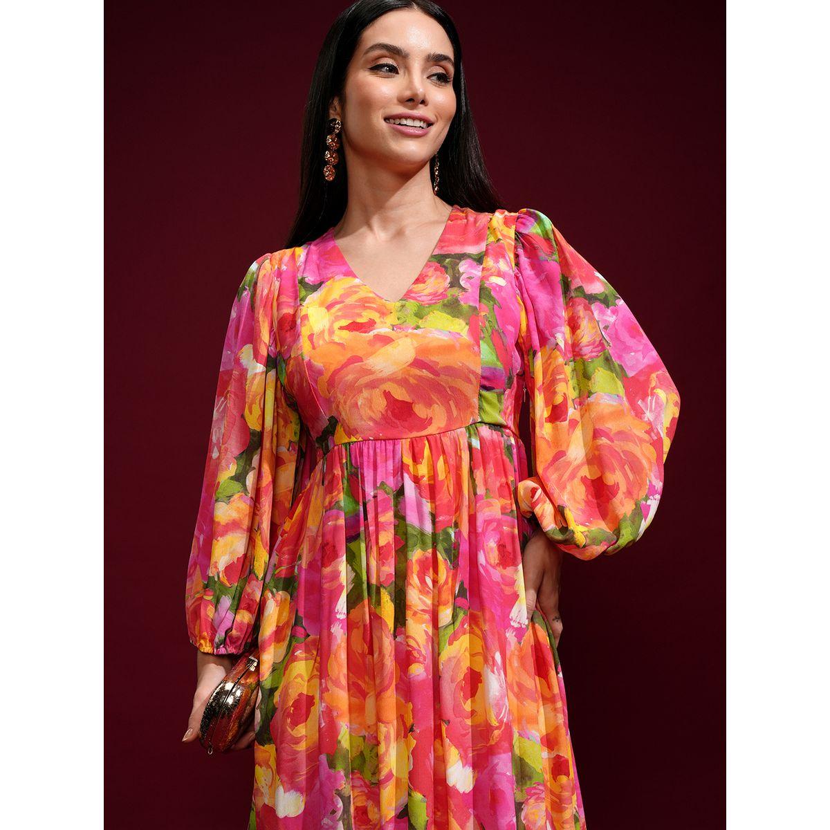فستان طويل بطبعة زهور وأكمام بالون-women-clothing-ethnicwear-dresses-image-1
