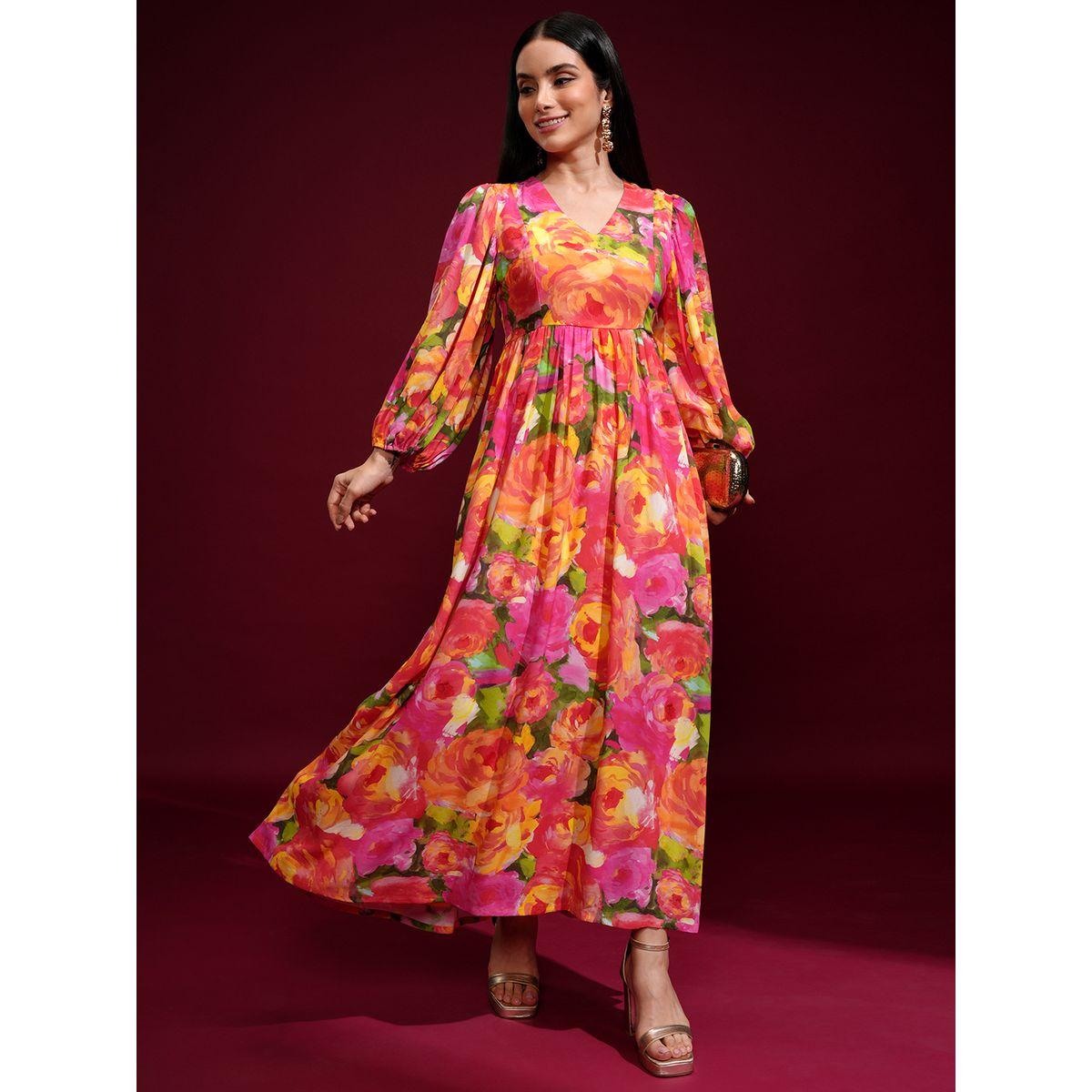 Vishudh Women Floral Printed Balloon Sleeves A-Line Maxi Dress-women-clothing-ethnicwear-dresses-image-2