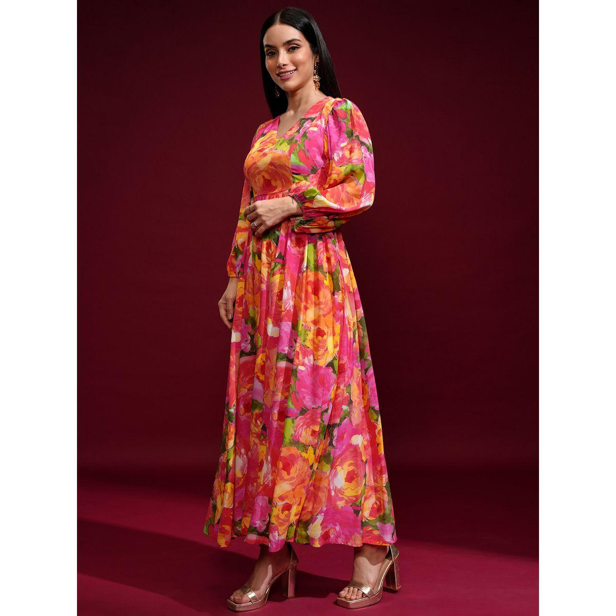 فستان طويل بطبعة زهور وأكمام بالون-women-clothing-ethnicwear-dresses-image-4