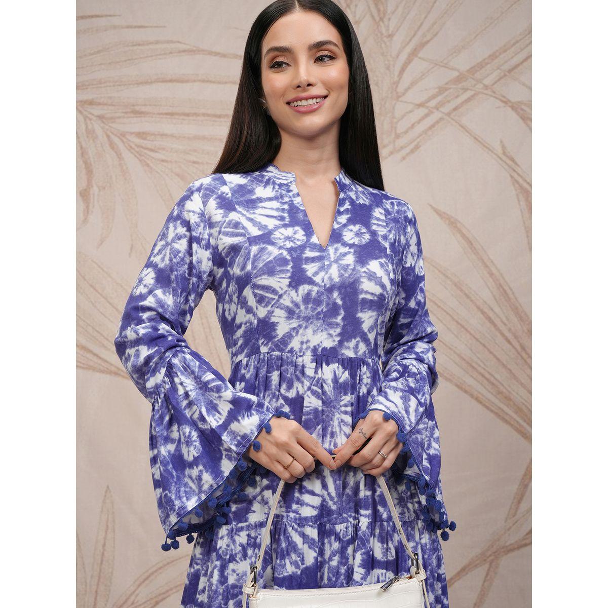 Vishudh Women Tie and Dye Printed A-Line Midi Dress with Pompom Detail-women-clothing-ethnicwear-dresses-image-1