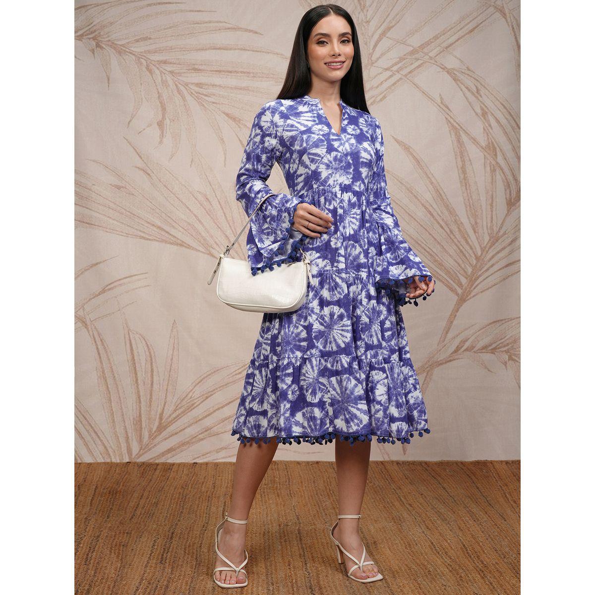 Vishudh Women Tie and Dye Printed A-Line Midi Dress with Pompom Detail-women-clothing-ethnicwear-dresses-image-2