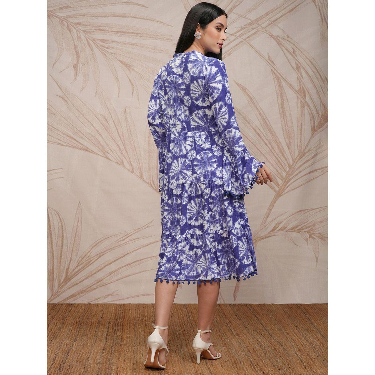 Vishudh Women Tie and Dye Printed A-Line Midi Dress with Pompom Detail-women-clothing-ethnicwear-dresses-image-3