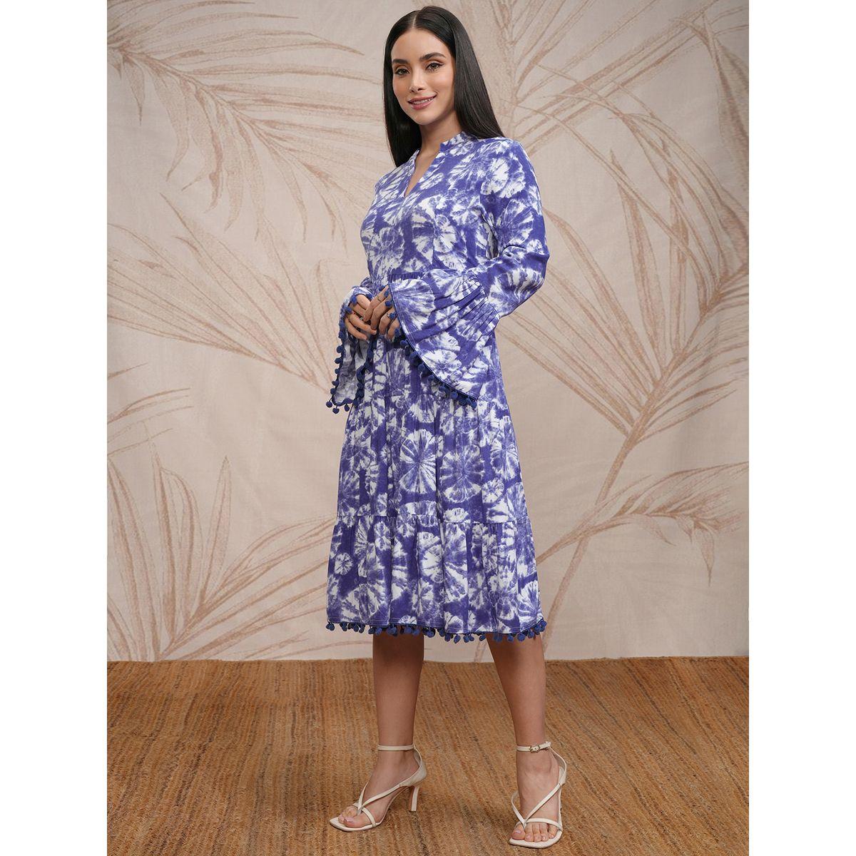 Vishudh Women Tie and Dye Printed A-Line Midi Dress with Pompom Detail-women-clothing-ethnicwear-dresses-image-4