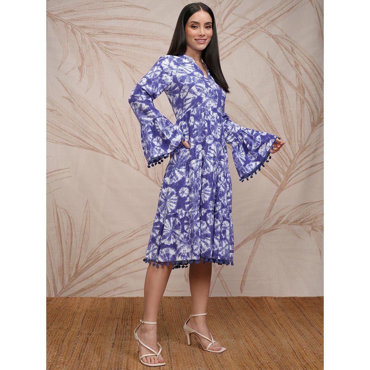 Vishudh Women Tie and Dye Printed A-Line Midi Dress with Pompom Detail-women-clothing-ethnicwear-dresses-image-6