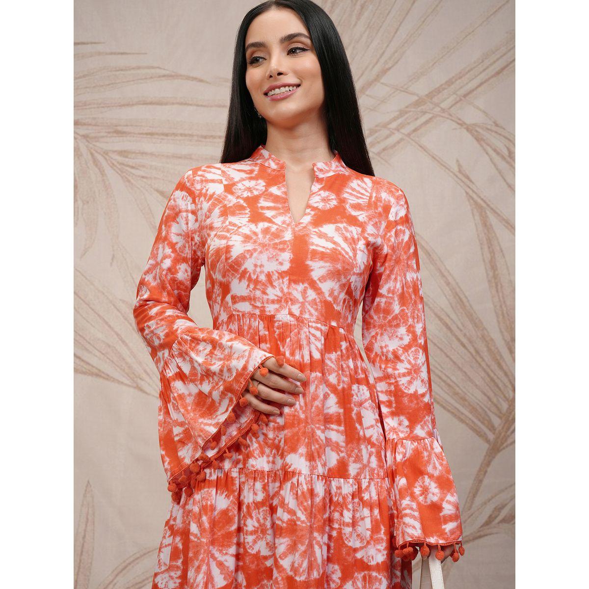 فستان ميدي بطبعة تاي داي مع كرات بوم بوم-women-clothing-ethnicwear-dresses-image-1