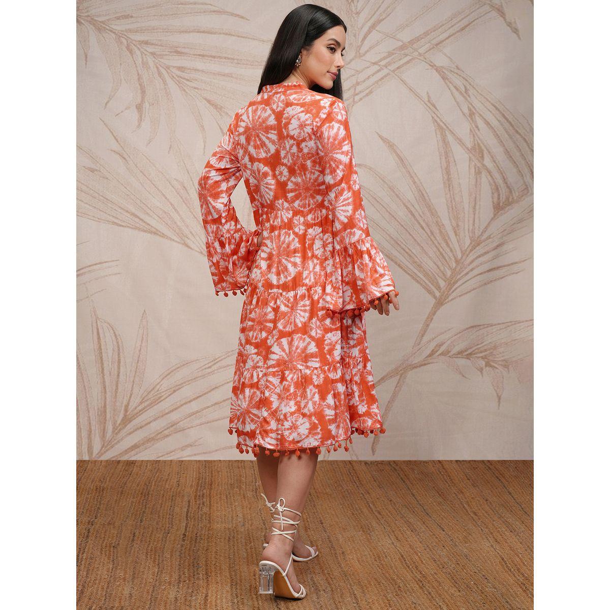 Vishudh Women Tie and Dye Printed A-Line Midi Dress with Pompom Detail-women-clothing-ethnicwear-dresses-image-3