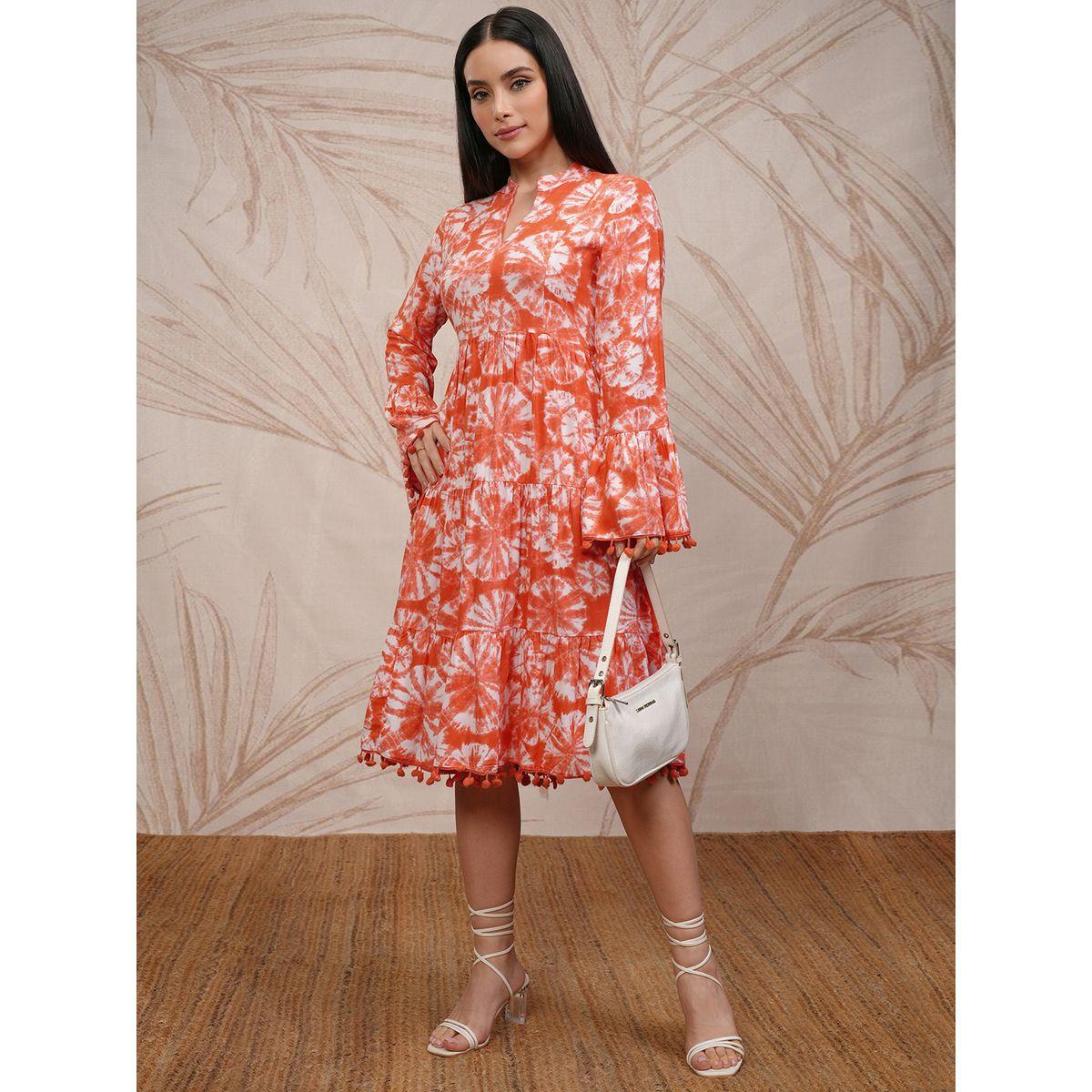 Vishudh Women Tie and Dye Printed A-Line Midi Dress with Pompom Detail-women-clothing-ethnicwear-dresses-image-4