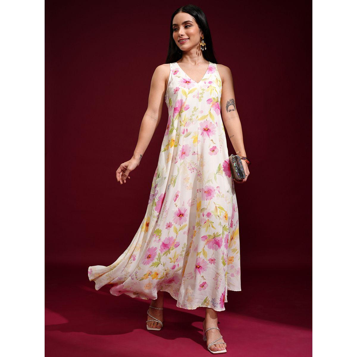 Vishudh Women Floral Print V Neck A-Line Maxi Dress-women-clothing-ethnicwear-dresses-image-2