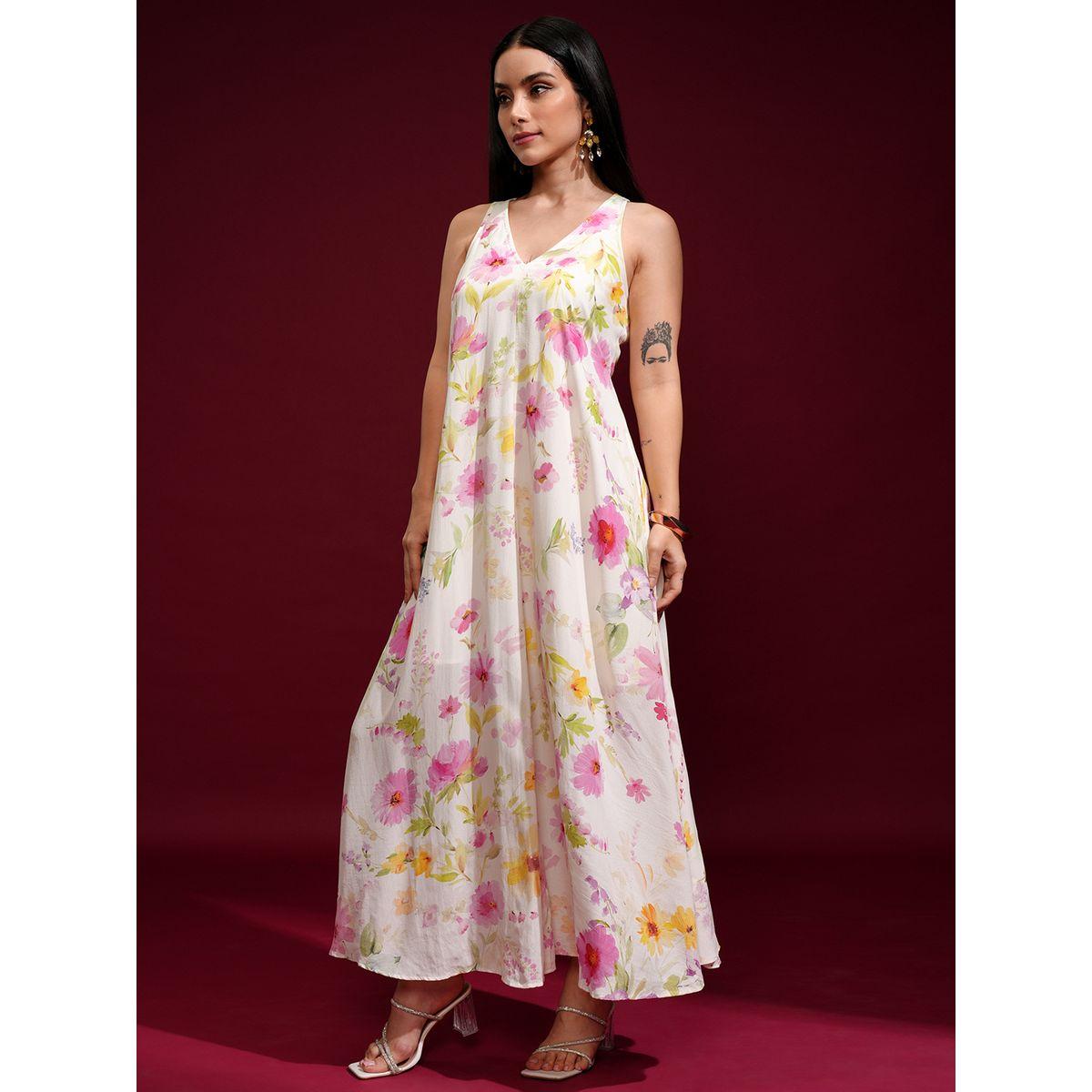 Vishudh Women Floral Print V Neck A-Line Maxi Dress-women-clothing-ethnicwear-dresses-image-4
