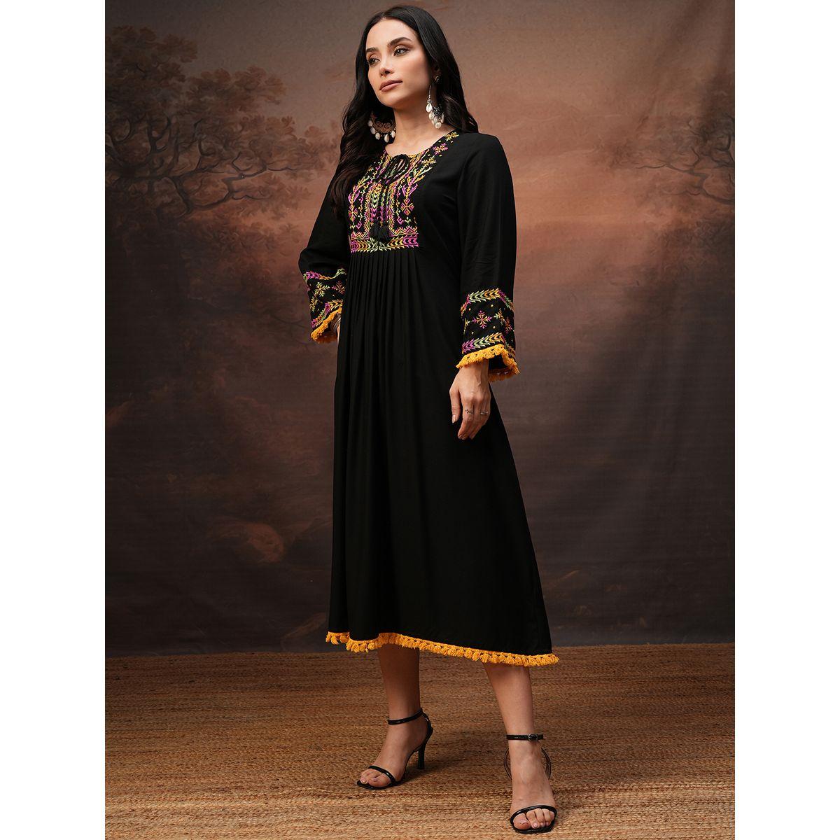 Vishudh Women Embroidered Tie-Up Neck A-Line Midi Dress-women-clothing-ethnicwear-dresses-image-2