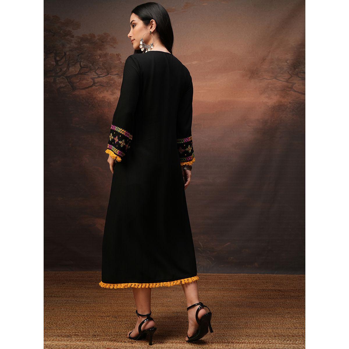 Vishudh Women Embroidered Tie-Up Neck A-Line Midi Dress-women-clothing-ethnicwear-dresses-image-3