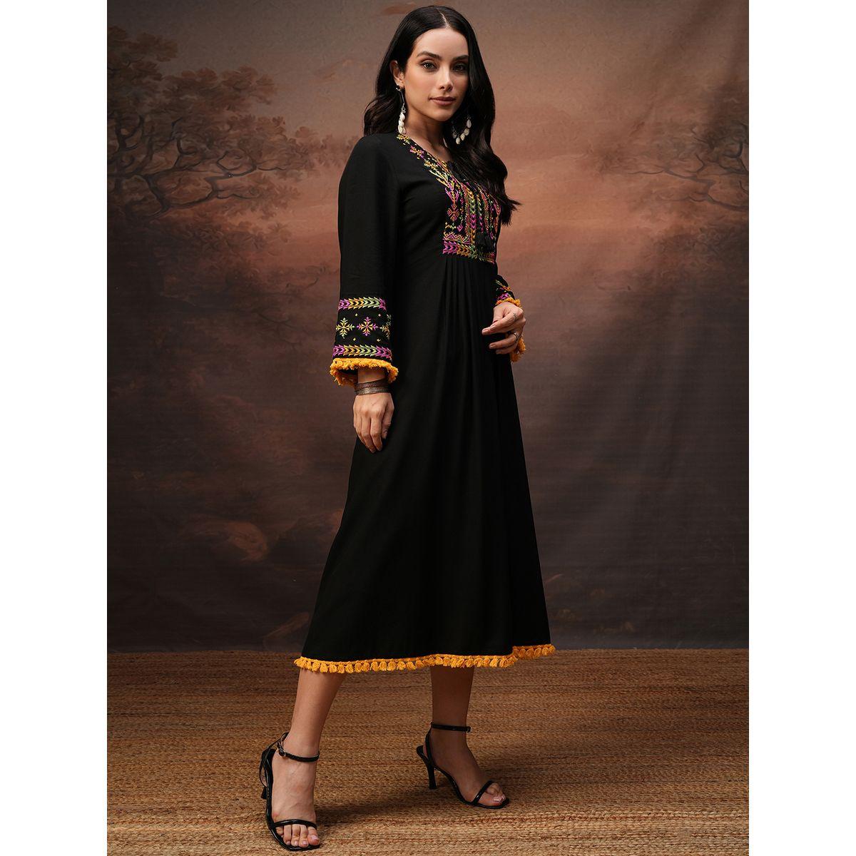 Vishudh Women Embroidered Tie-Up Neck A-Line Midi Dress-women-clothing-ethnicwear-dresses-image-4