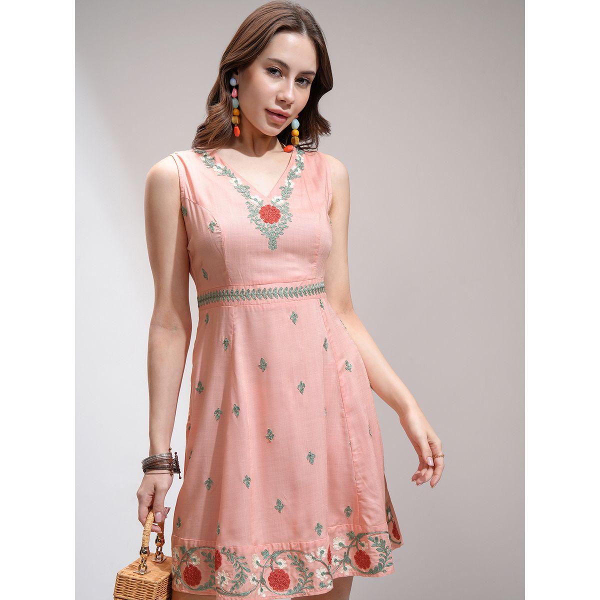 Vishudh Women Embroidered V Neck A-Line Mini Dress-women-clothing-ethnicwear-dresses-image-1