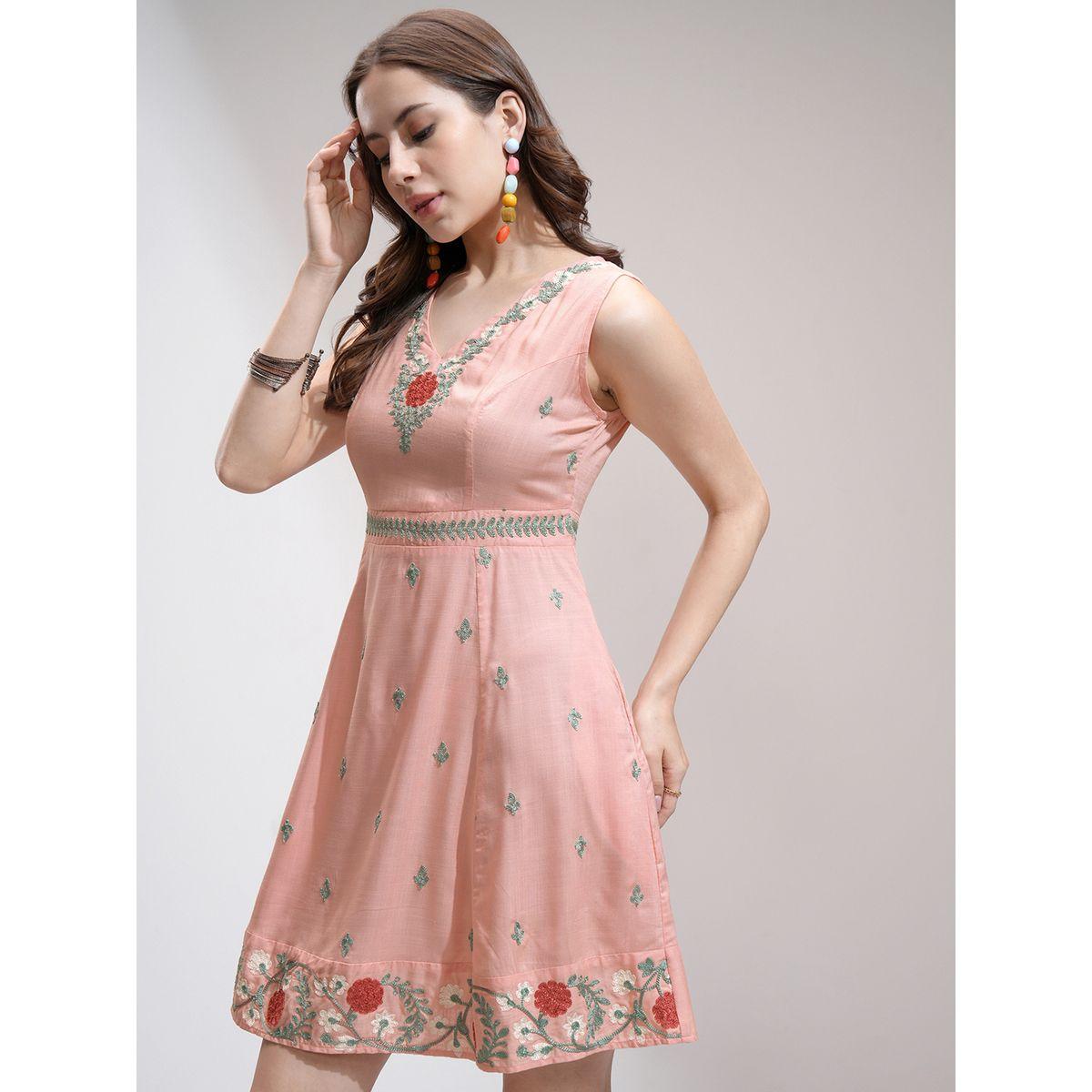 Vishudh Women Embroidered V Neck A-Line Mini Dress-women-clothing-ethnicwear-dresses-image-4