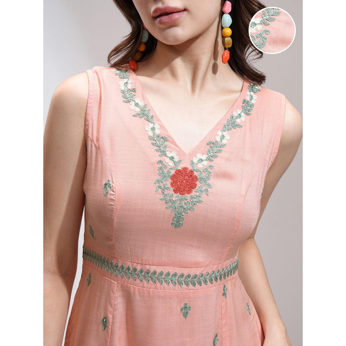 Vishudh Women Embroidered V Neck A-Line Mini Dress-women-clothing-ethnicwear-dresses-image-5
