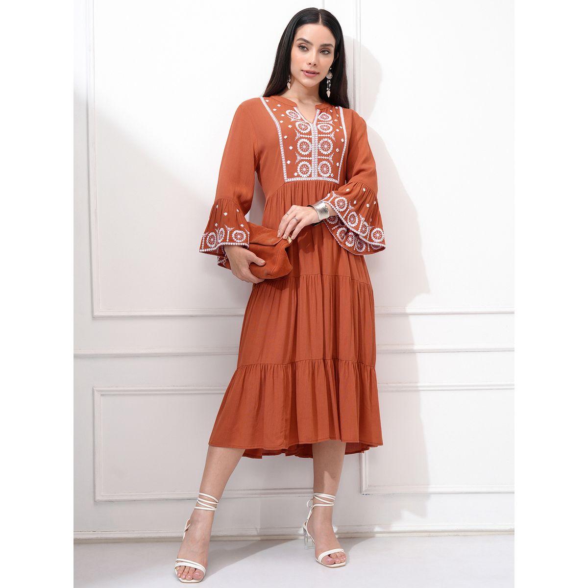 Vishudh Women Embroidered Long Sleeves A-Line Midi Dress-women-clothing-ethnicwear-dresses-image-1