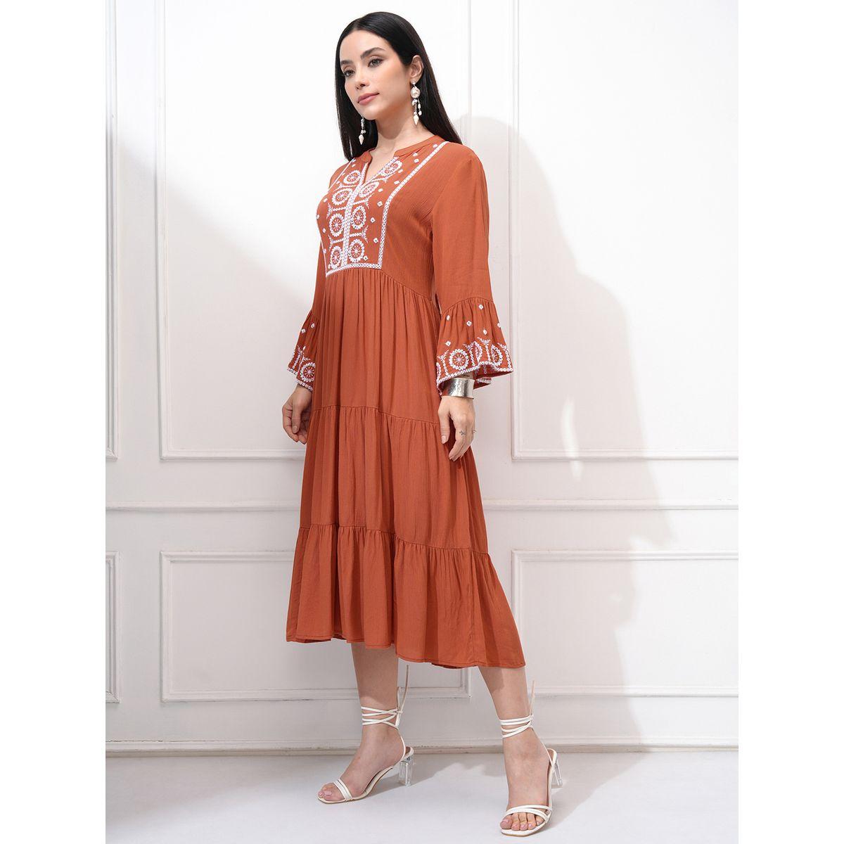 Vishudh Women Embroidered Long Sleeves A-Line Midi Dress-women-clothing-ethnicwear-dresses-image-2