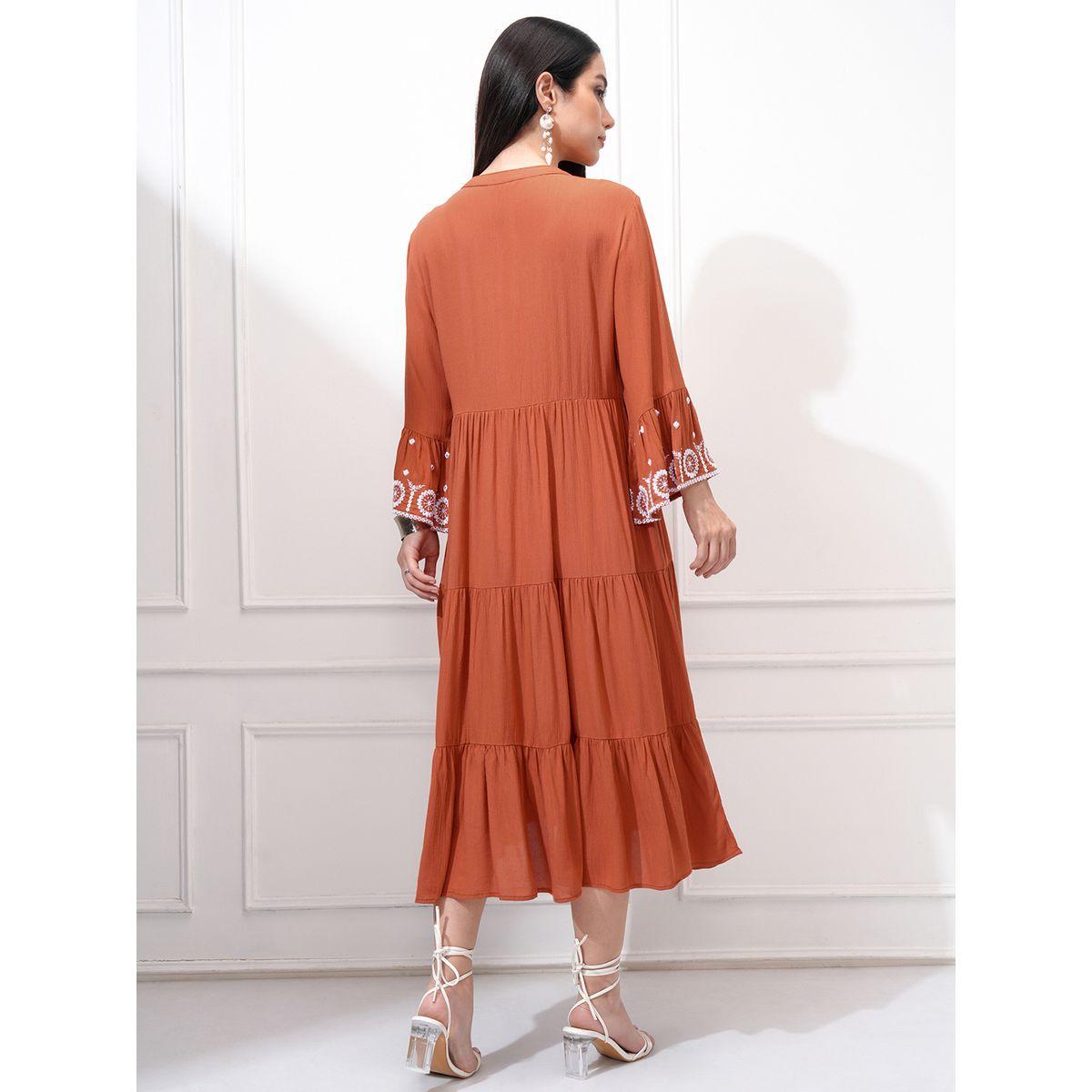 Vishudh Women Embroidered Long Sleeves A-Line Midi Dress-women-clothing-ethnicwear-dresses-image-3