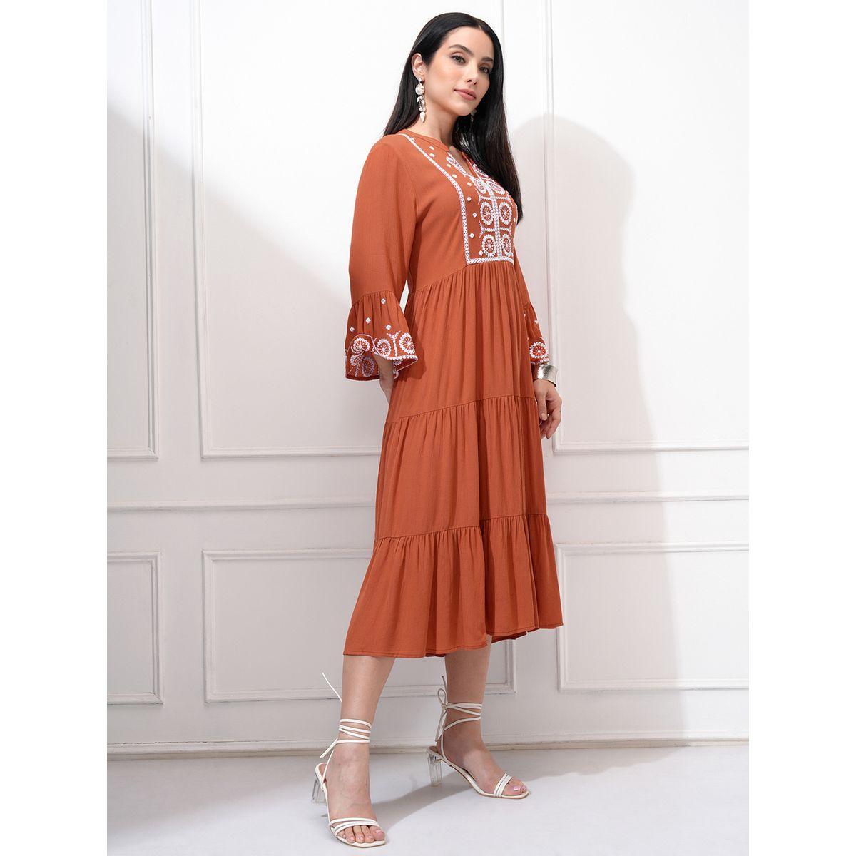 Vishudh Women Embroidered Long Sleeves A-Line Midi Dress-women-clothing-ethnicwear-dresses-image-4