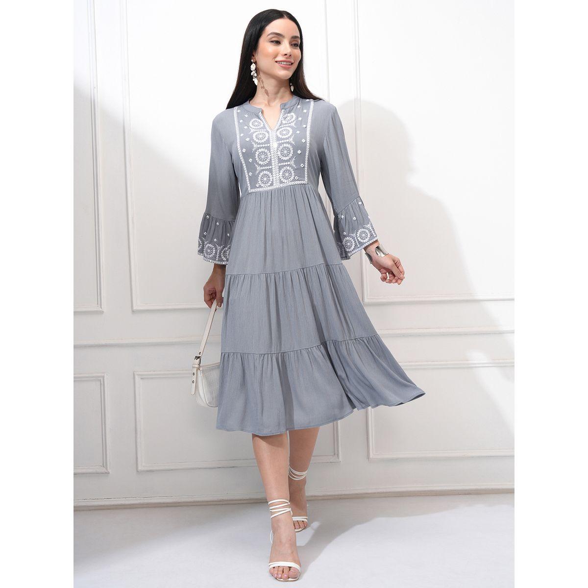 Vishudh Women Embroidered Long Sleeves A-Line Midi Dress-women-clothing-ethnicwear-dresses-image-1