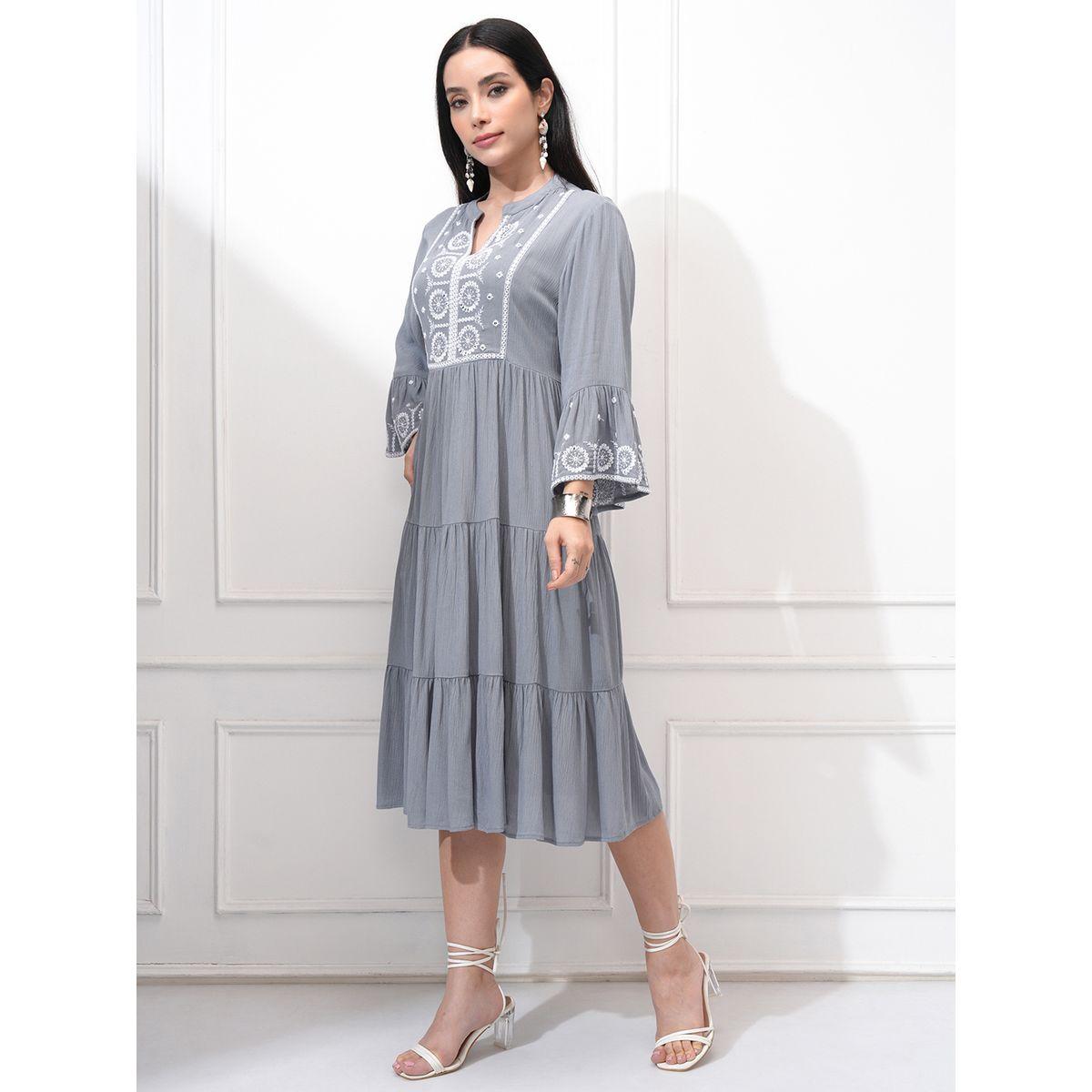 Vishudh Women Embroidered Long Sleeves A-Line Midi Dress-women-clothing-ethnicwear-dresses-image-2