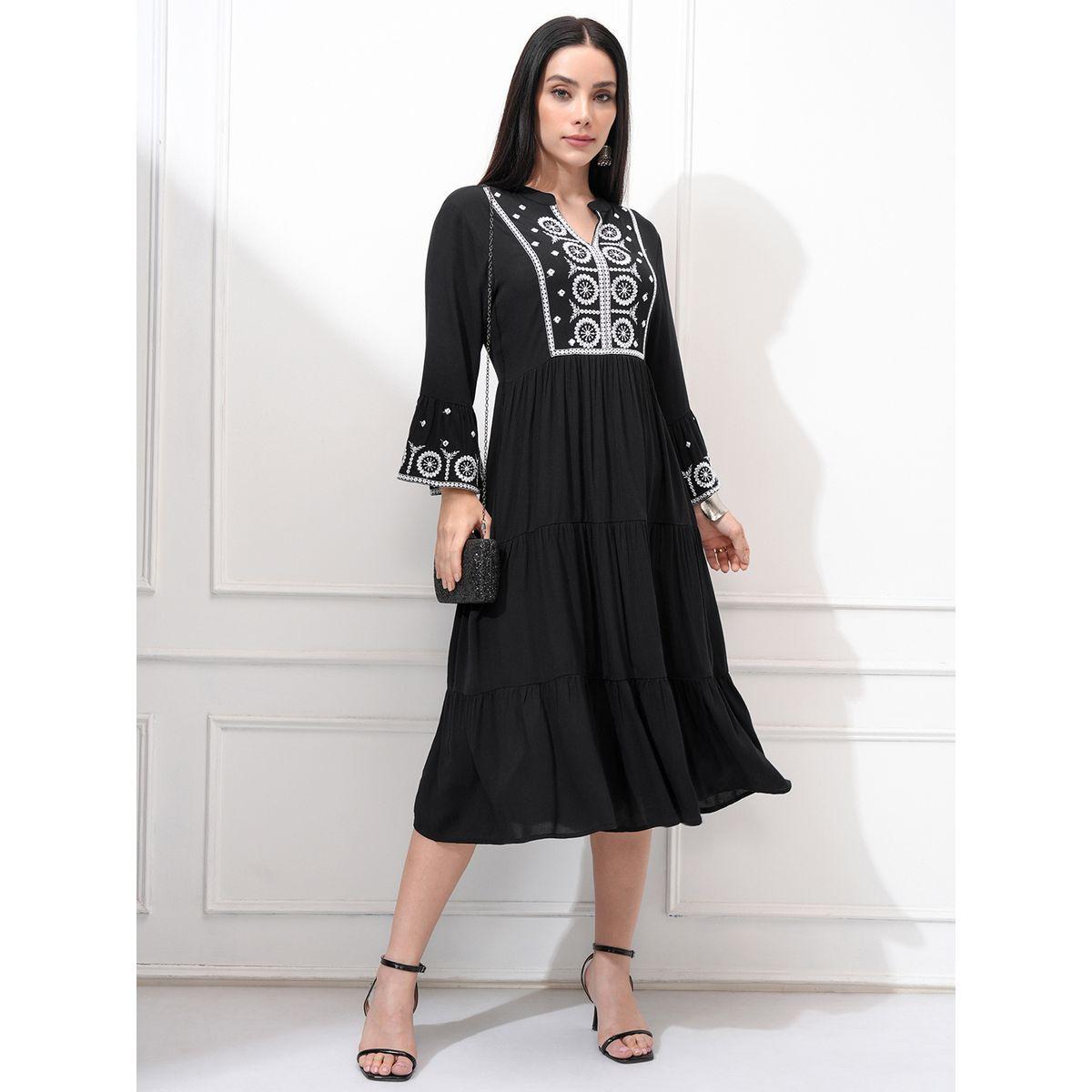 Vishudh Women Embroidered Long Sleeves A-Line Midi Dress-women-clothing-ethnicwear-dresses-image-1