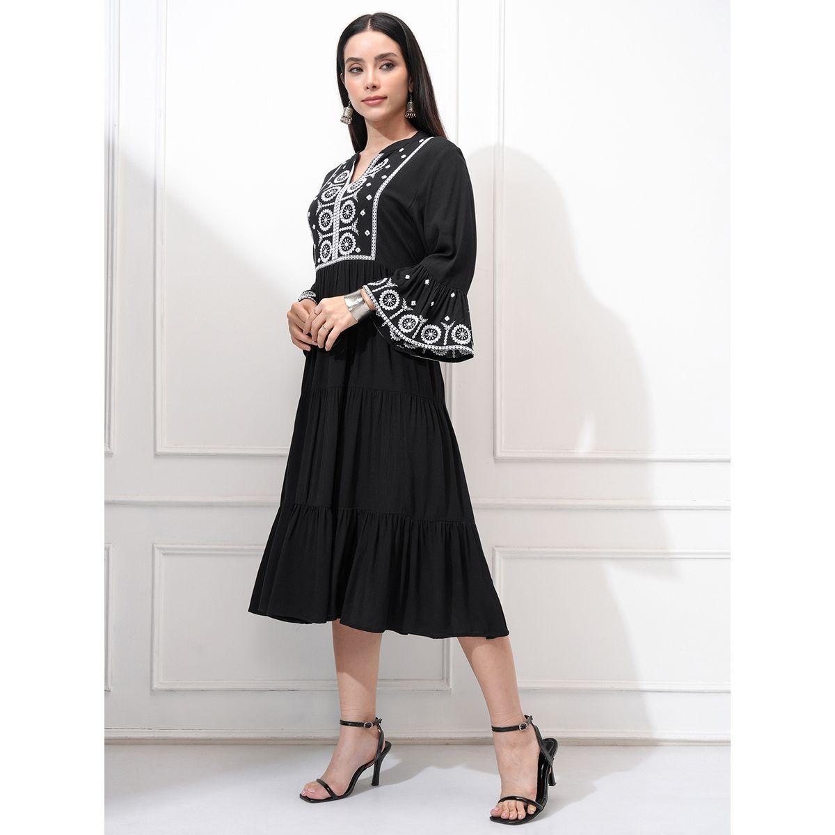 Vishudh Women Embroidered Long Sleeves A-Line Midi Dress-women-clothing-ethnicwear-dresses-image-2