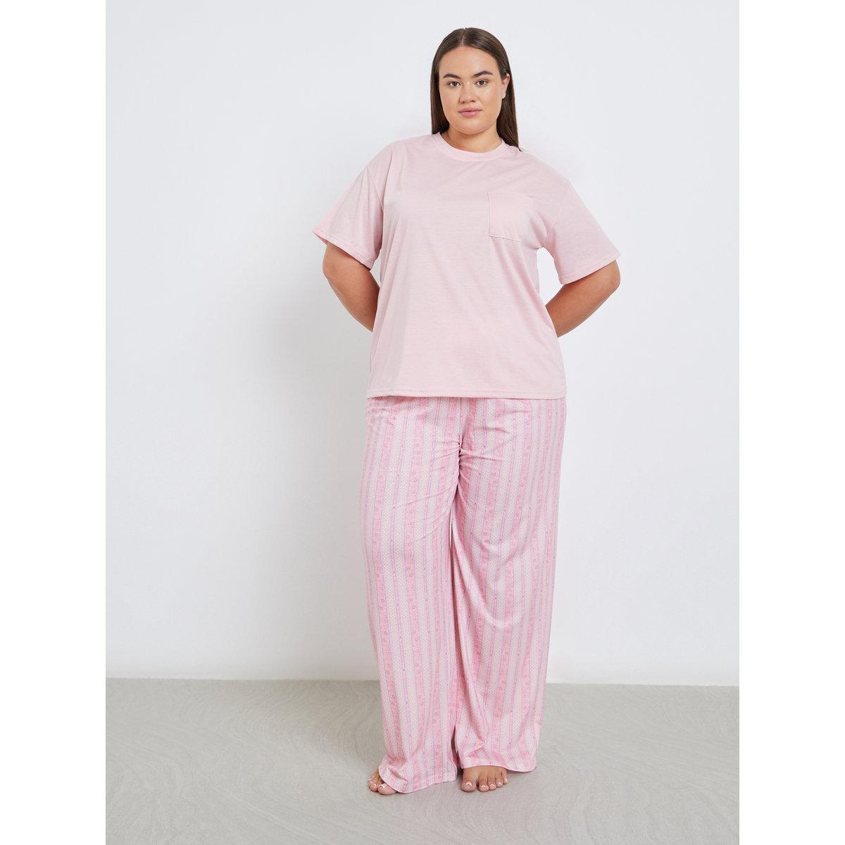 Styli Plus Drop Shoulder Pocket T-Shirt and Floral Stripe Pyjama Set-women-clothing-nightwear-pyjamas-longsets-image-2