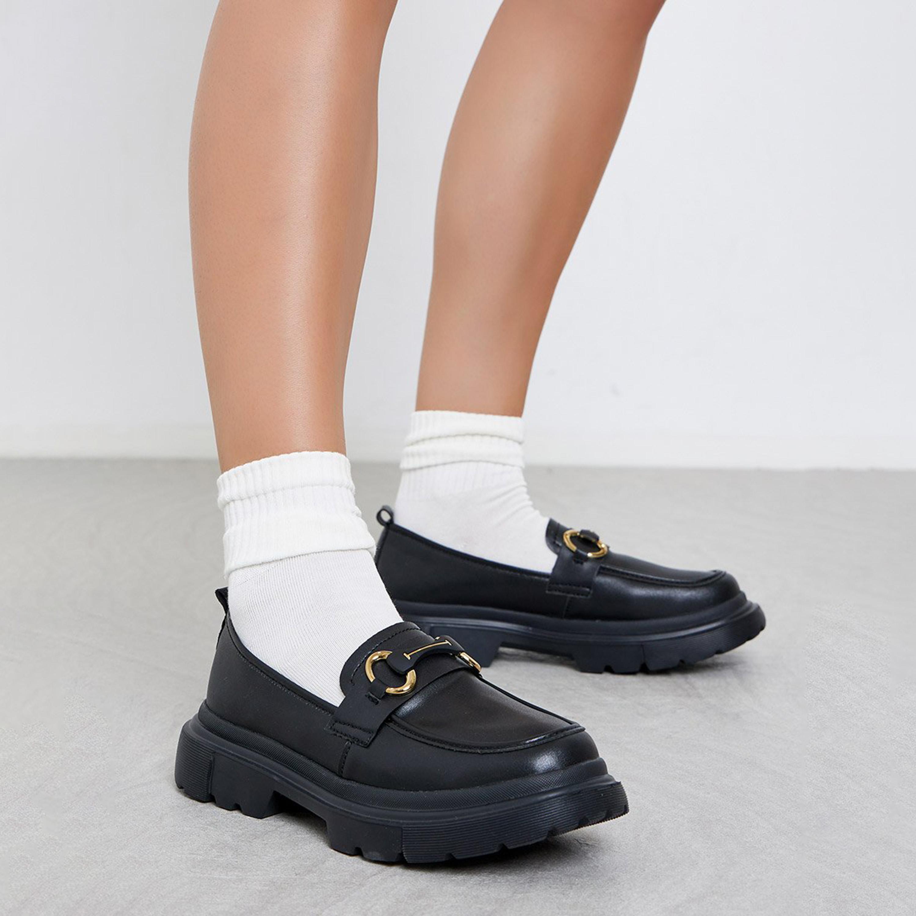Styli Women Black Chunky Sole Loafers with Metal Accent-women-shoes-flats-loafers-image-2