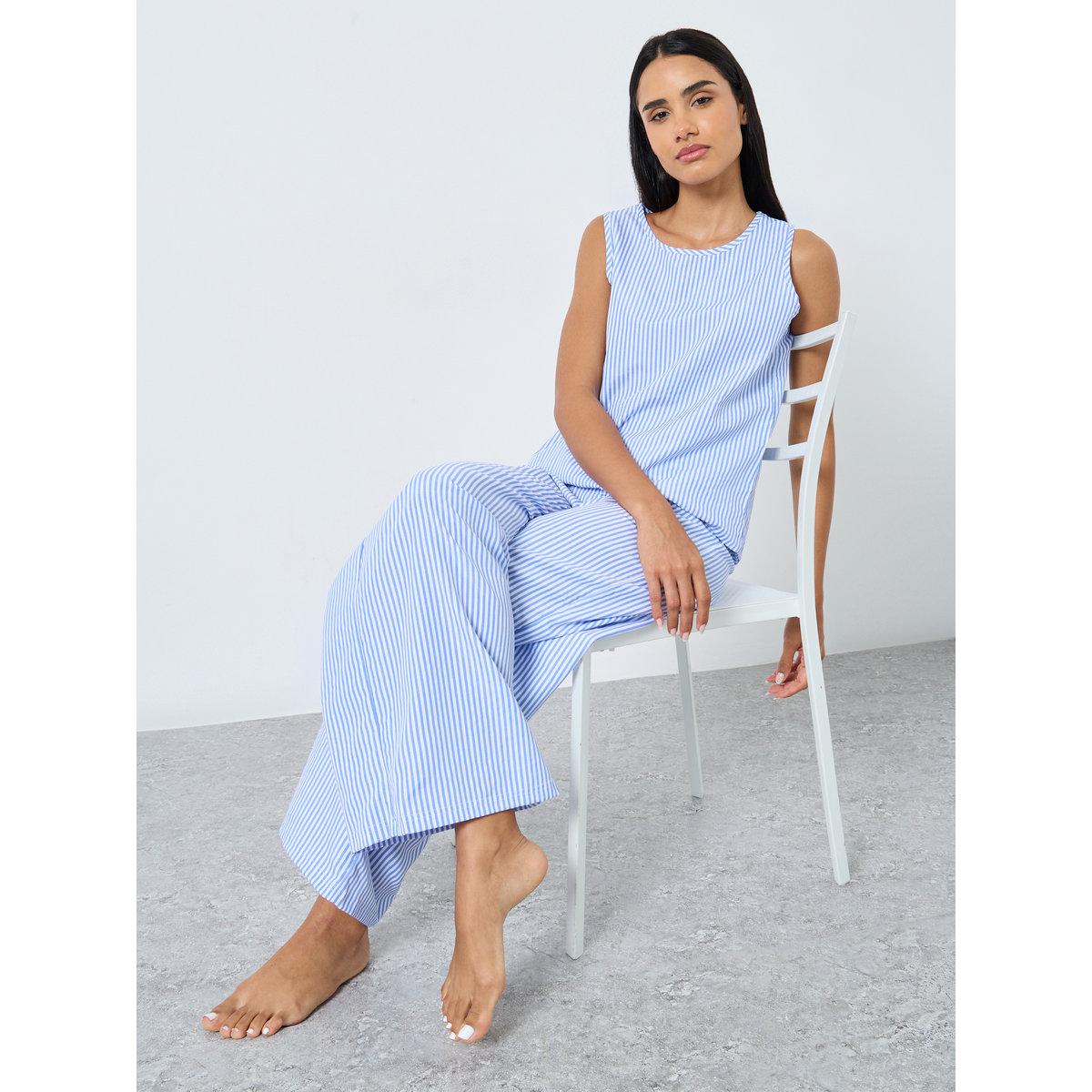 طقم من بنطال بيجاما وتيشيرت كت مخطط-women-clothing-nightwear-pyjamas-longsets-image-1