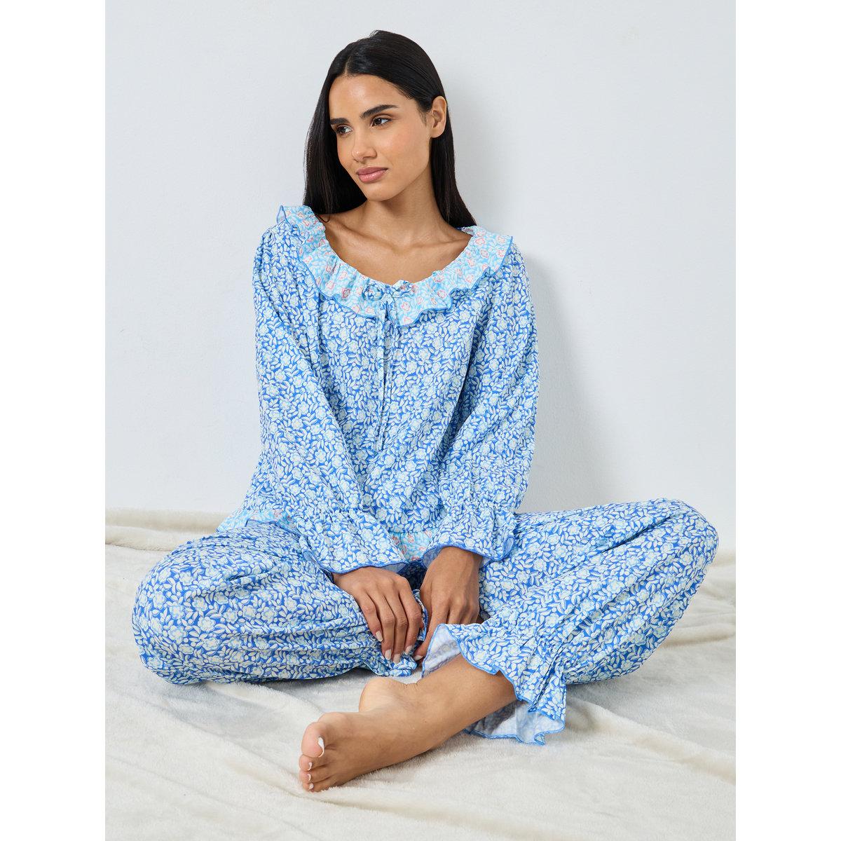Styli Contrast Floral Ruffle Hem Neck Top and Cuffed Pyjama Set-women-clothing-nightwear-pyjamas-longsets-image-1