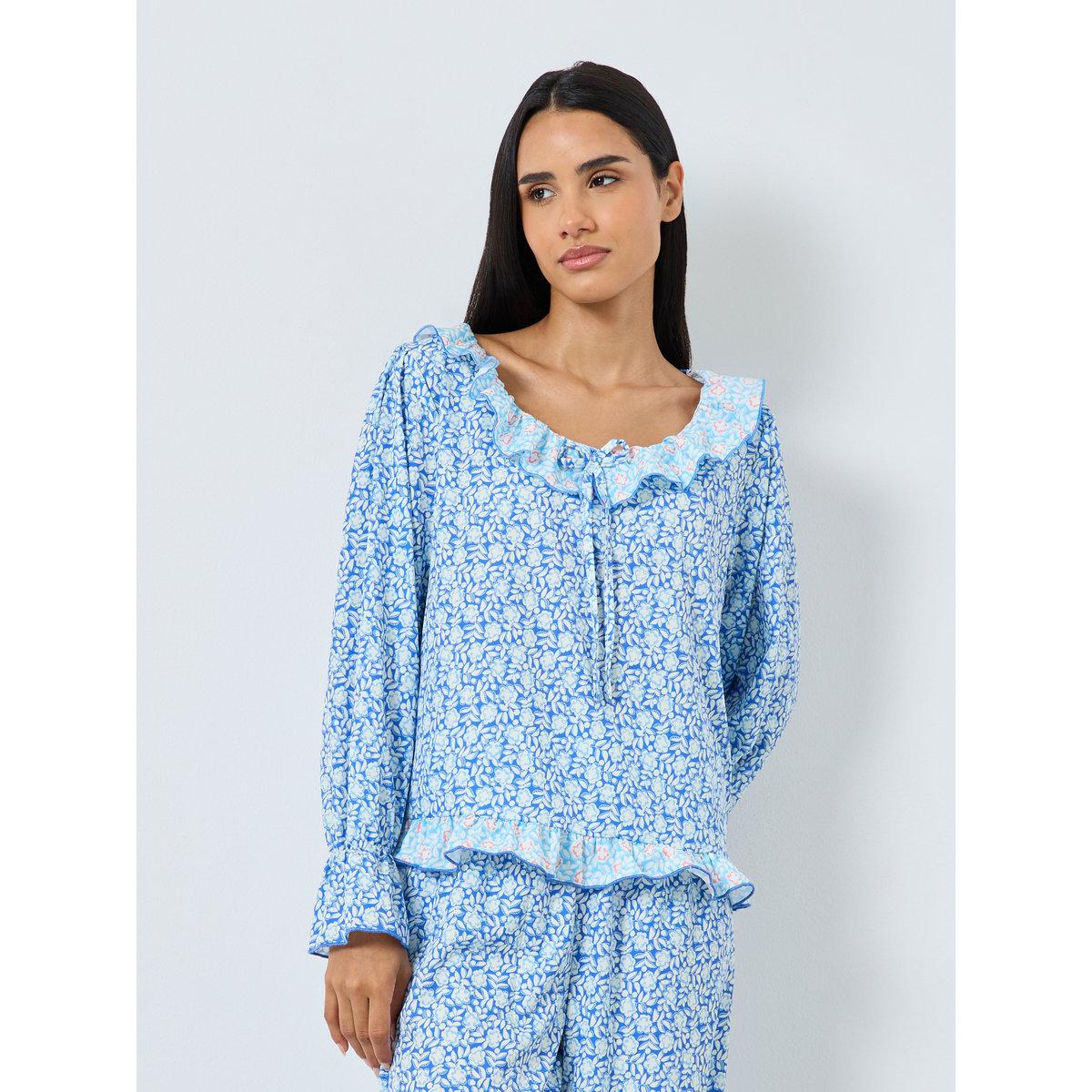 Styli Contrast Floral Ruffle Hem Neck Top and Cuffed Pyjama Set-women-clothing-nightwear-pyjamas-longsets-image-2