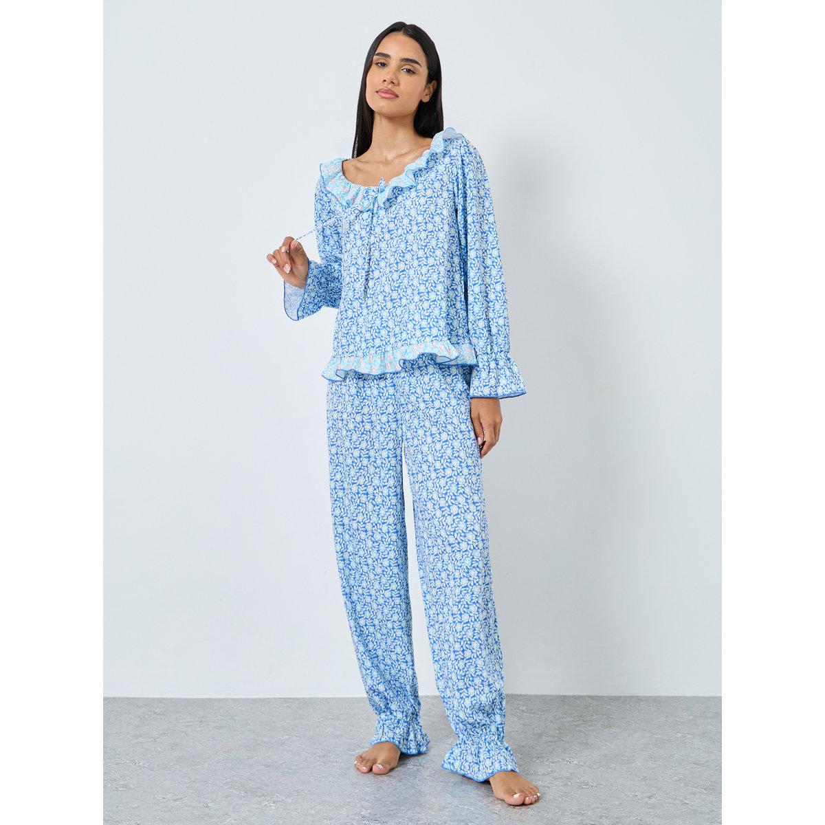 طقم من بنطال بيجاما وبلوزة بطبعة زهور-women-clothing-nightwear-pyjamas-longsets-image-3