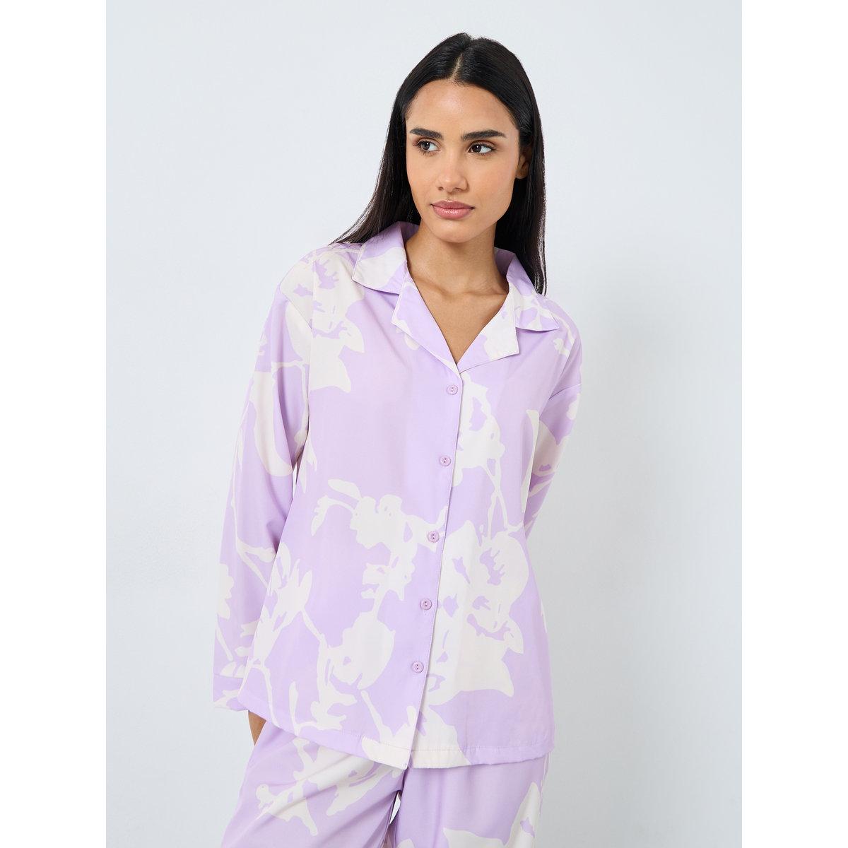 Styli Large Scale Tonal Floral Print Shirt and Pyjama Set-women-clothing-nightwear-pyjamas-longsets-image-3