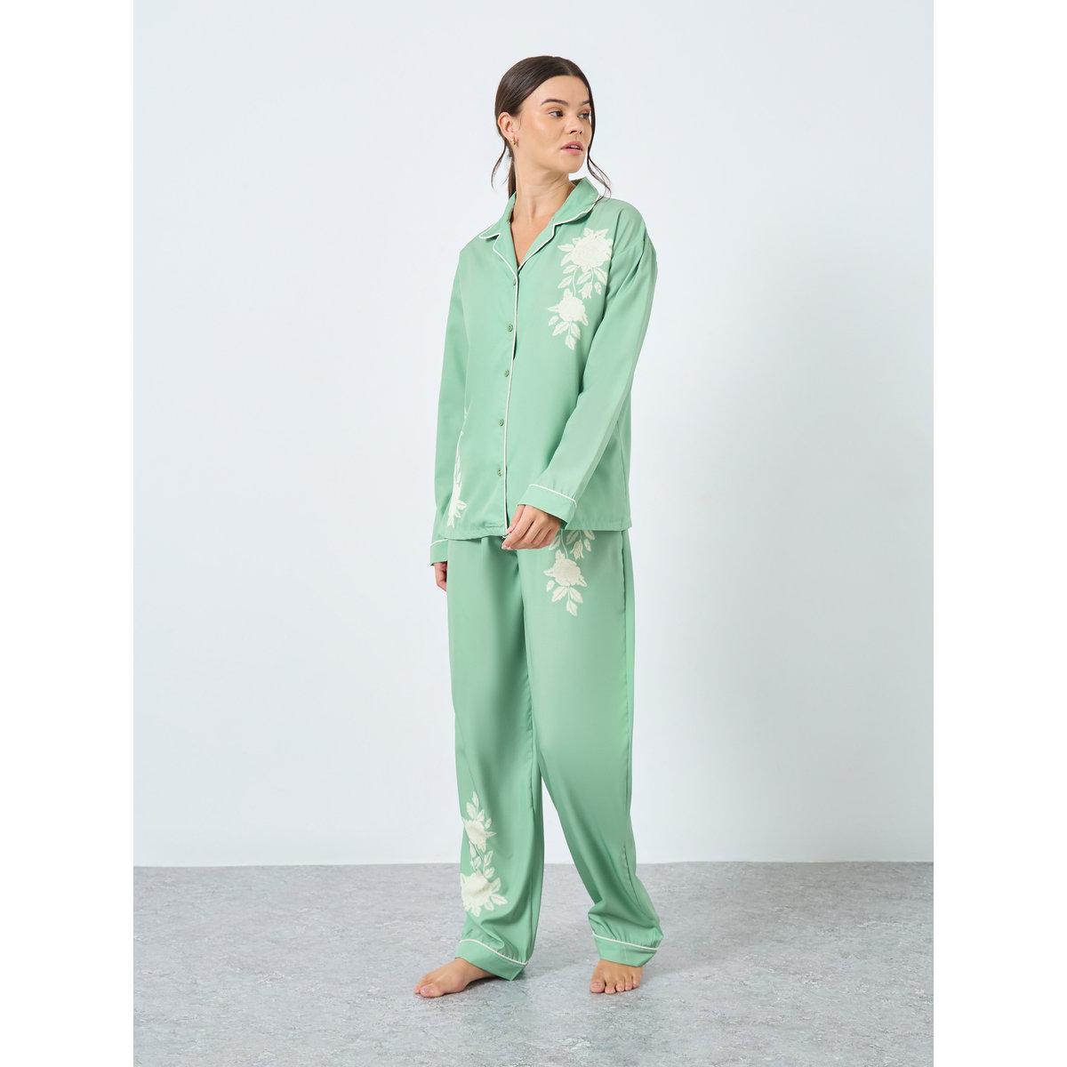 Styli Placement Floral Button Through Shirt and Pyjama Set-women-clothing-nightwear-pyjamas-longsets-image-1