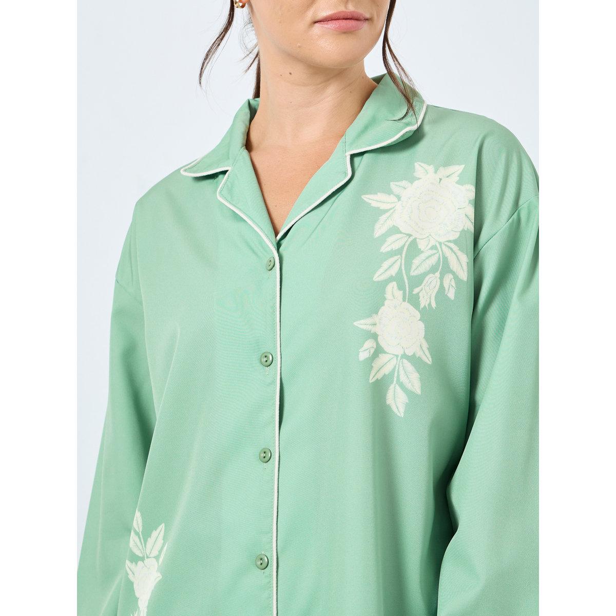 Styli Placement Floral Button Through Shirt and Pyjama Set-women-clothing-nightwear-pyjamas-longsets-image-3