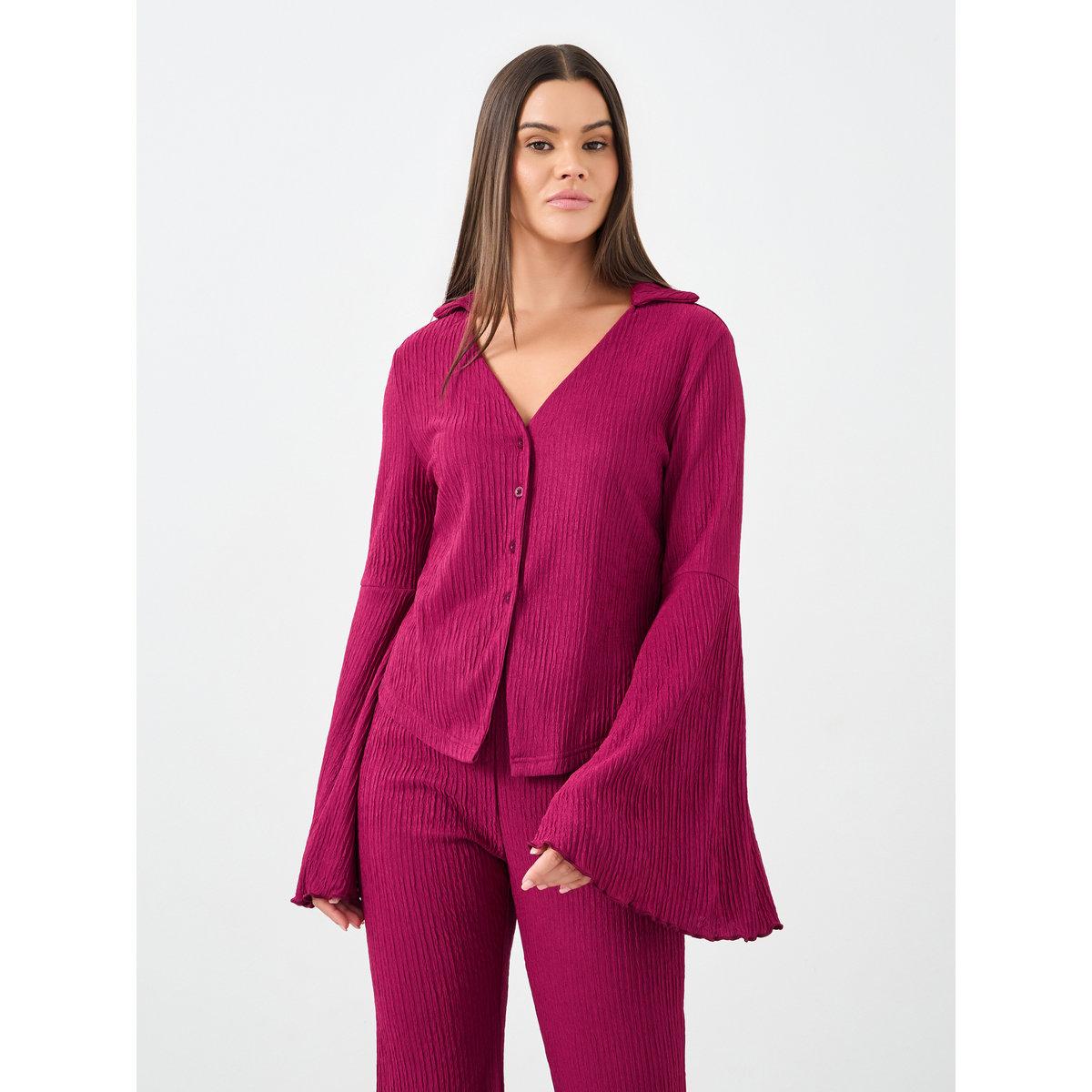 طقم من بنطال بيجاما وبلوزة بتفاصيل بارزة الملمس-women-clothing-nightwear-pyjamas-longsets-image-2