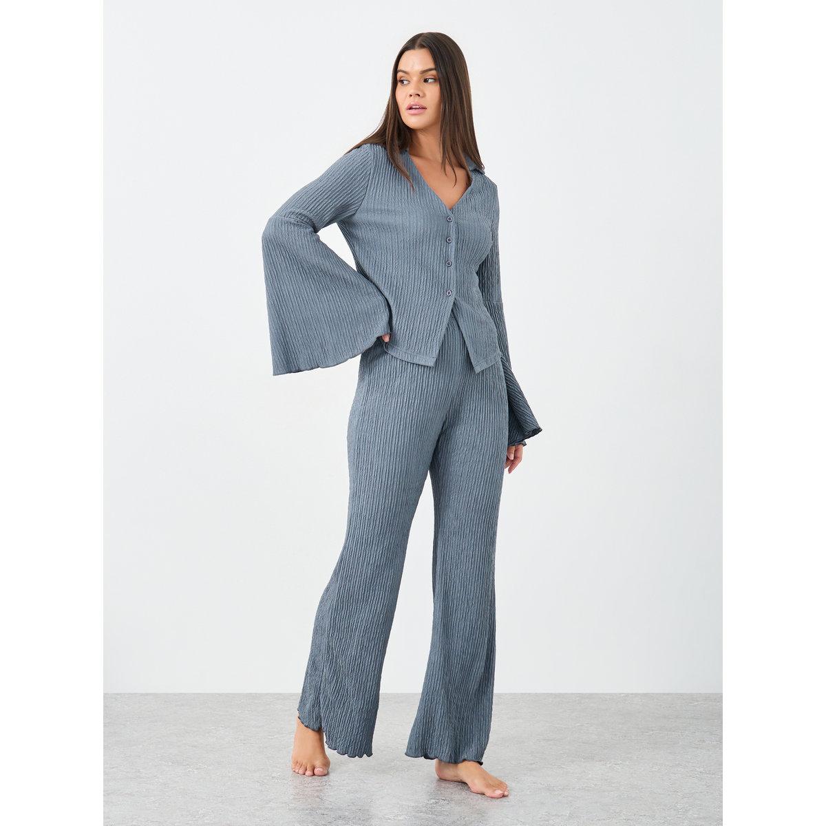 Styli Textured Flared Sleeve Shirt and Pyjama Set-women-clothing-nightwear-pyjamas-longsets-image-1