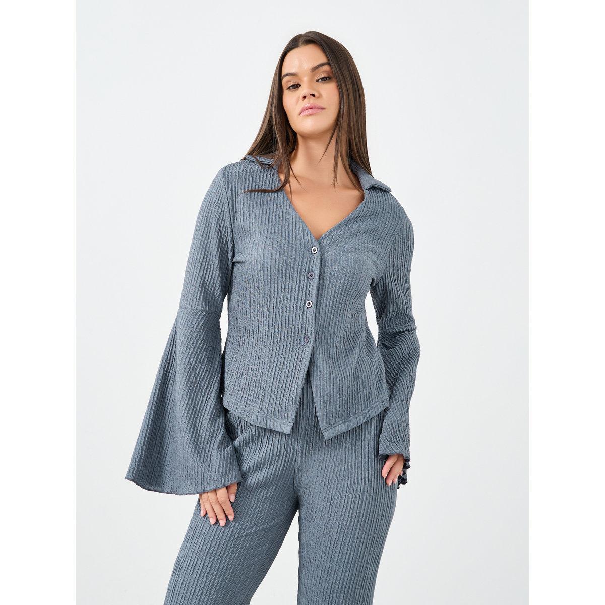Styli Textured Flared Sleeve Shirt and Pyjama Set-women-clothing-nightwear-pyjamas-longsets-image-2