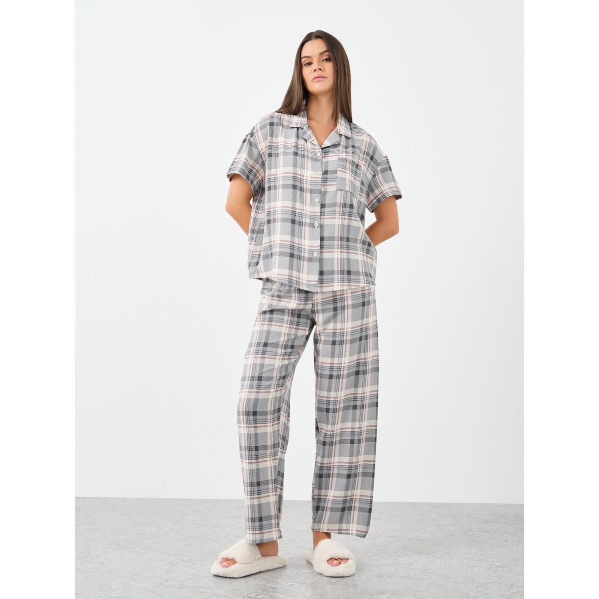 Styli Checked Button Through Shirt and Pyjama Set-women-clothing-nightwear-pyjamas-longsets-image-2