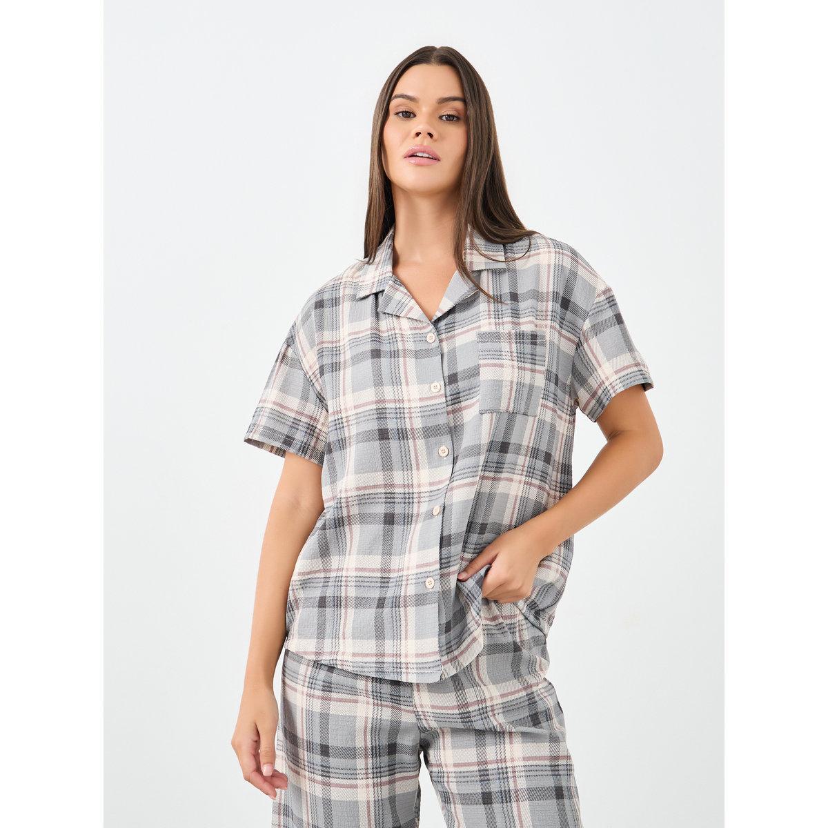Styli Checked Button Through Shirt and Pyjama Set-women-clothing-nightwear-pyjamas-longsets-image-3